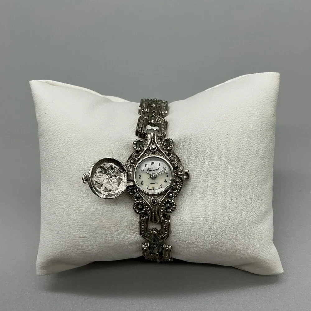 Asireck Marcasite Watch Women 18mm Silver Tone Hidden Dial New Battery 6.25